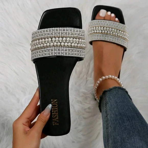 Flat Sandals With Beaded Strap, Open Toe, Lightweight - Picture 1 of 5
